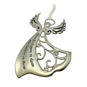 Angel‎ Ornament Pewter Finish Miracles Happen Believe Rhinestone Decor
